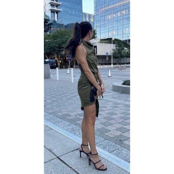 ELLIATT Camo Asymmetric Satin Cocktail Dress in Khaki Size X-Small - Picture 2 of 16